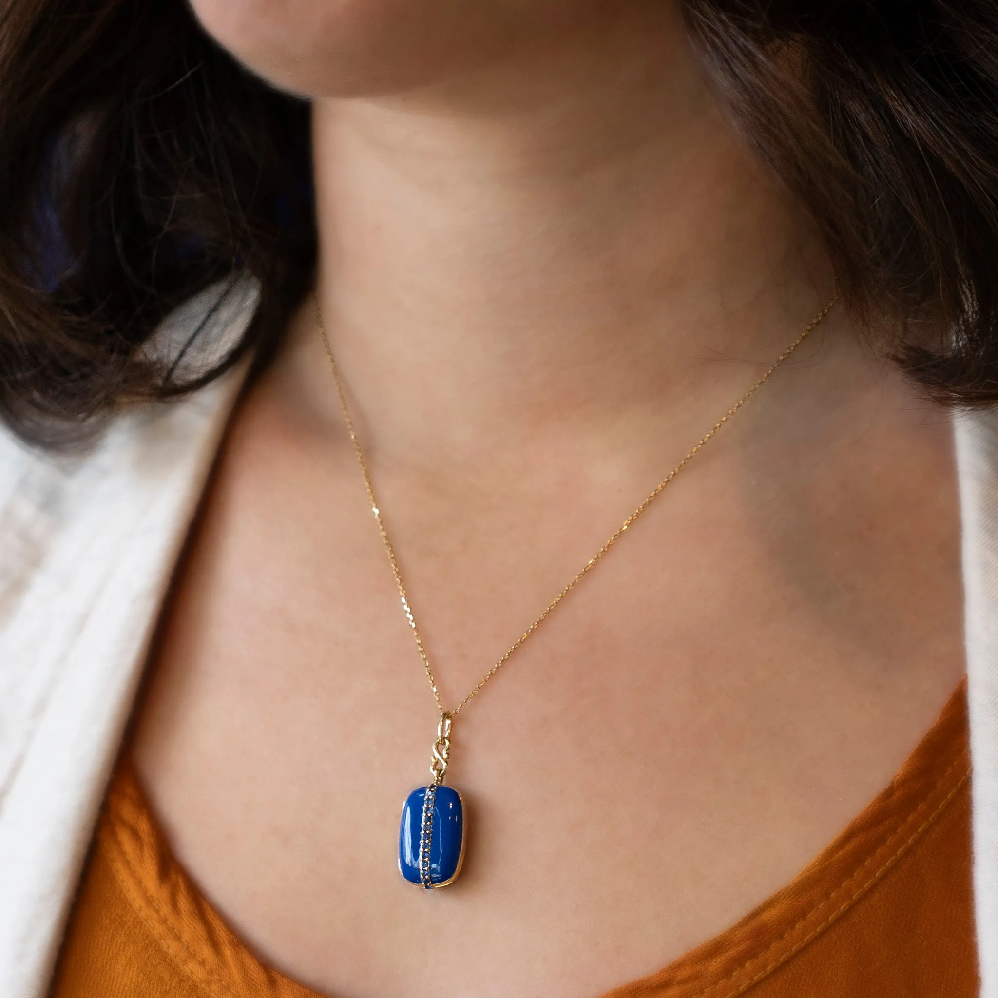 Blue Enamel 18K Yellow Gold "Britt" Locket with Blue Sapphires
