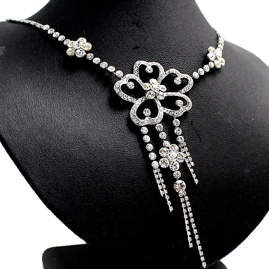 Crystal Silver Tassel Necklace Set