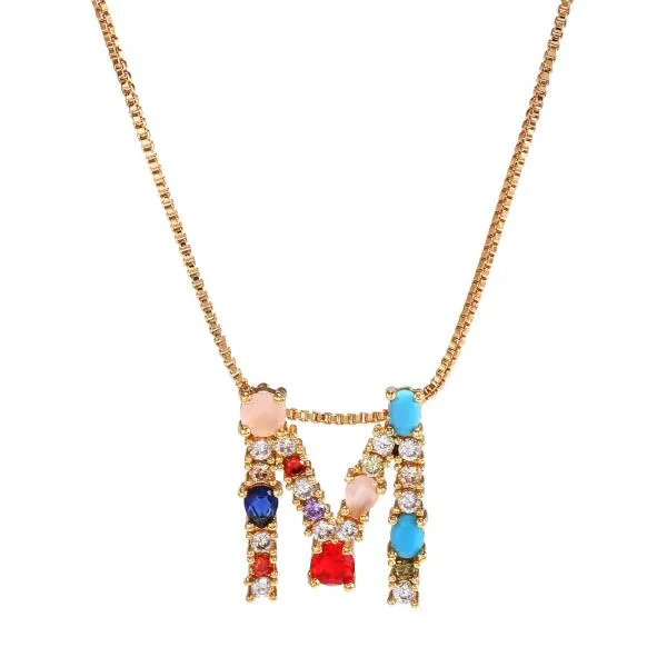 English Necklace 26 Letters Pendant Necklace With Gemstone Pendant