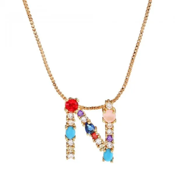 English Necklace 26 Letters Pendant Necklace With Gemstone Pendant