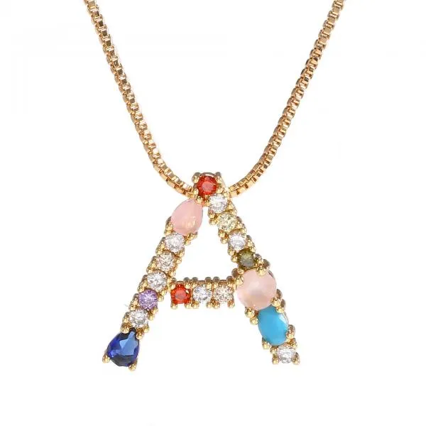 English Necklace 26 Letters Pendant Necklace With Gemstone Pendant