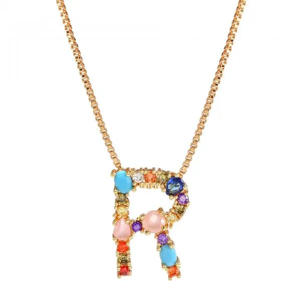 English Necklace 26 Letters Pendant Necklace With Gemstone Pendant