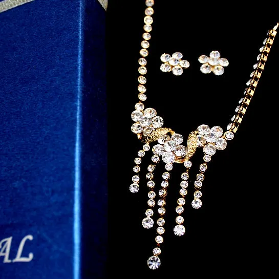 Flower Crystal Gold Plating Earring Necklace Set Wife Gifts