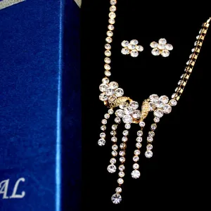 Flower Crystal Gold Plating Earring Necklace Set Wife Gifts
