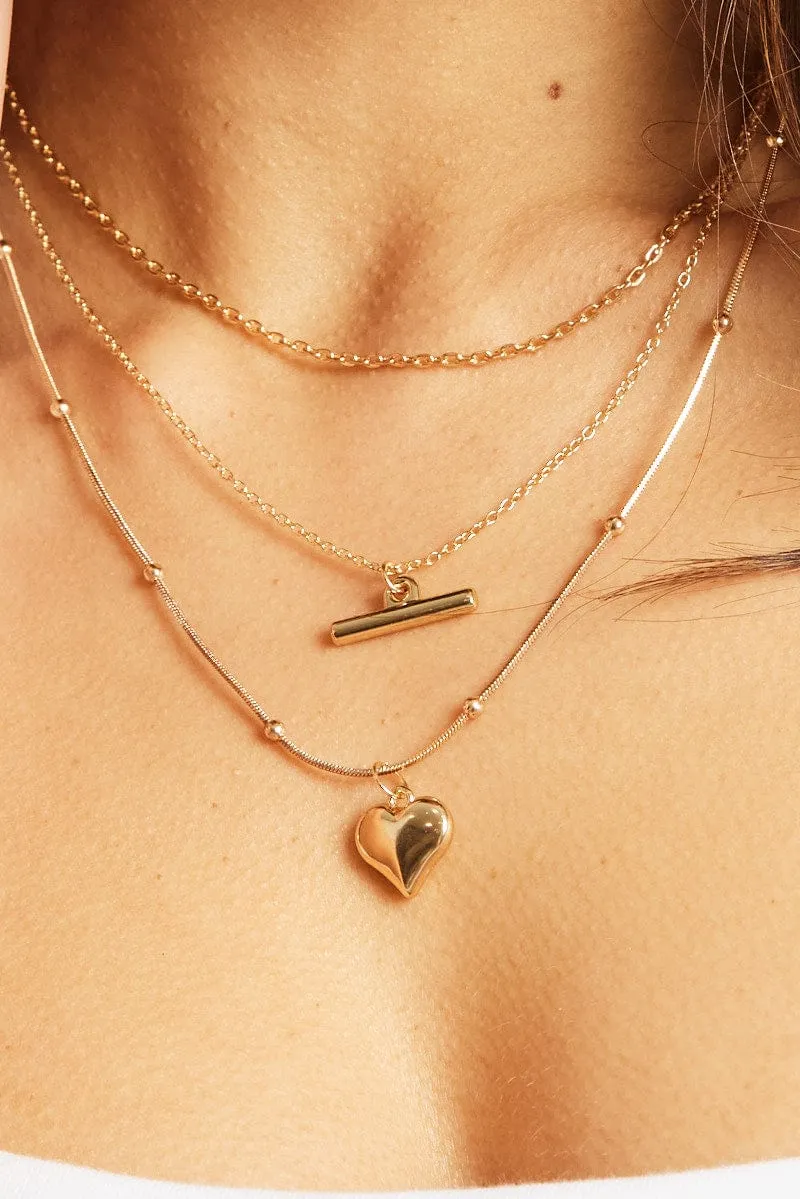 Gold 3 Pack Necklaces Heart Pendent