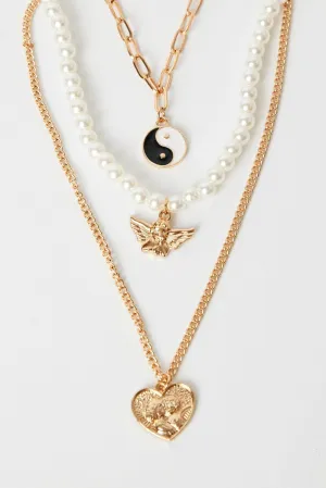 Gold 3 Pack Pendent Necklaces Angel Heart Yin yang
