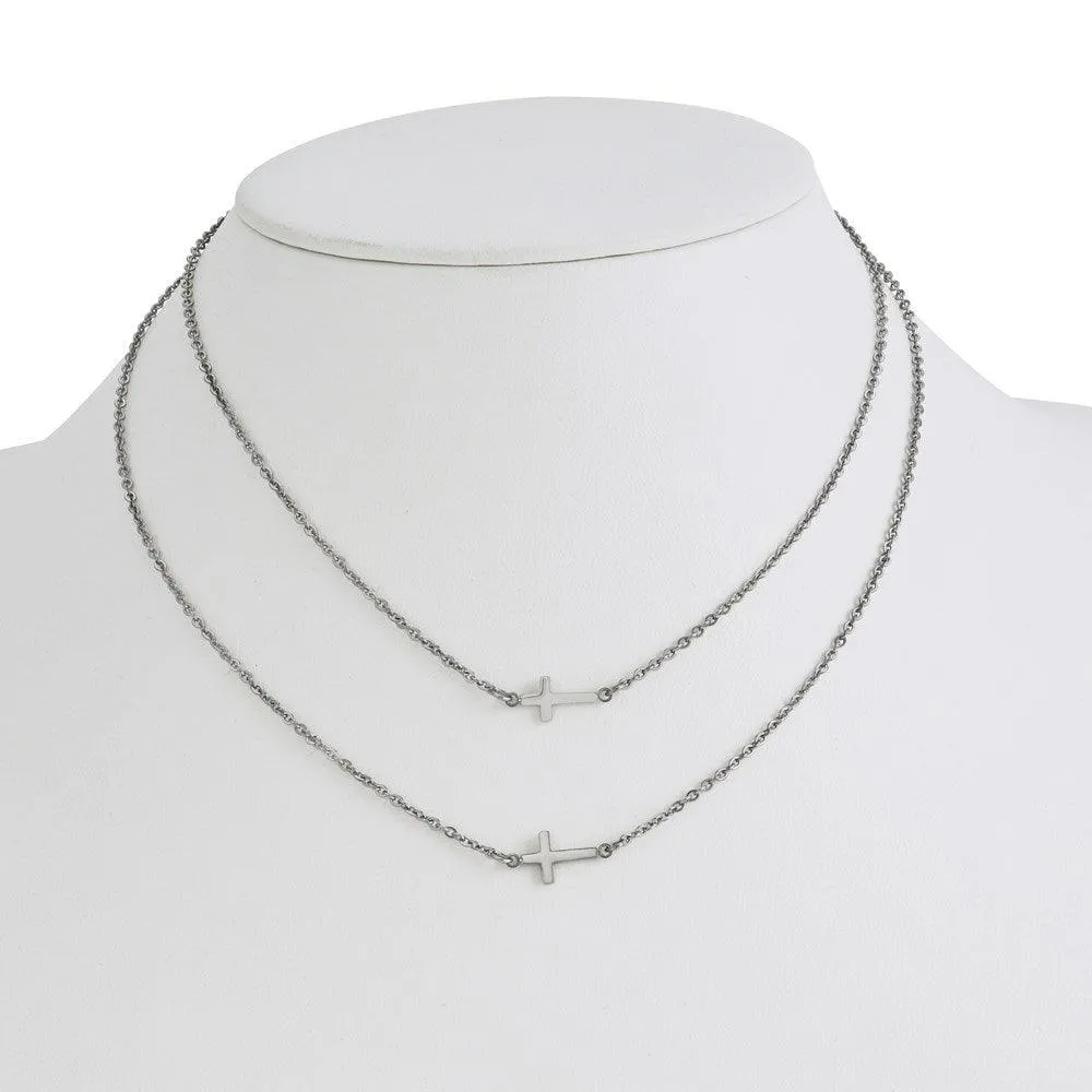 Stainless Steel Double Sideways Crosses Layered Necklace
