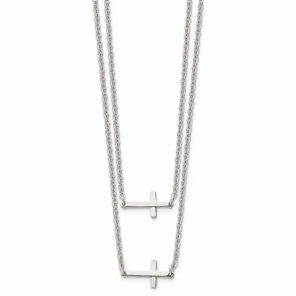Stainless Steel Double Sideways Crosses Layered Necklace