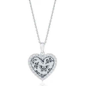 Sterling Silver CZ Border Heart with Butterfly Design Necklace