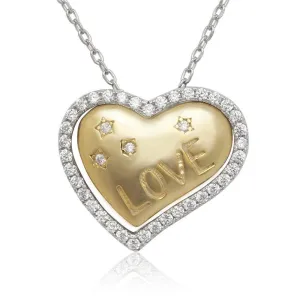 Sterling Silver  GP Heart with CZs and LOVE Inscription Inside Open CZ Heart Necklac