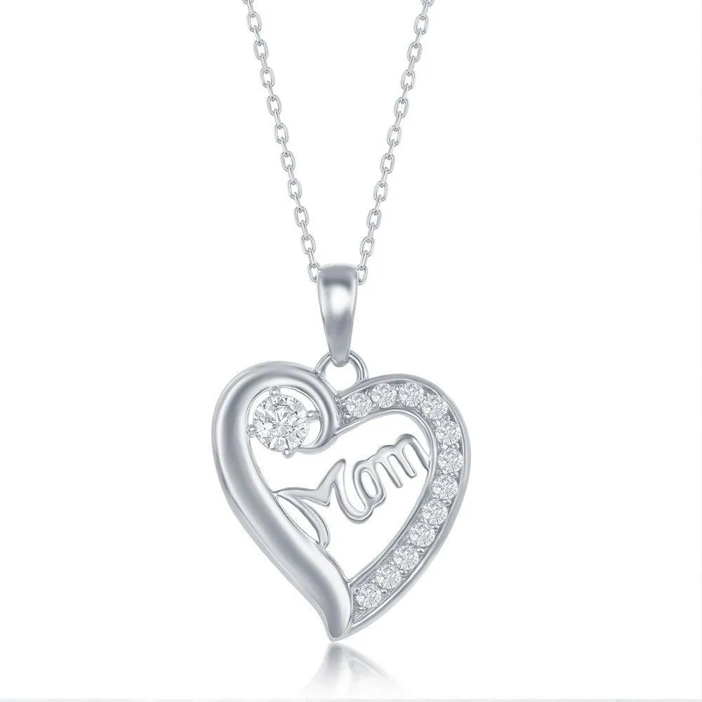 Sterling Silver 'Mom' Cubic Zirconia Heart Necklace