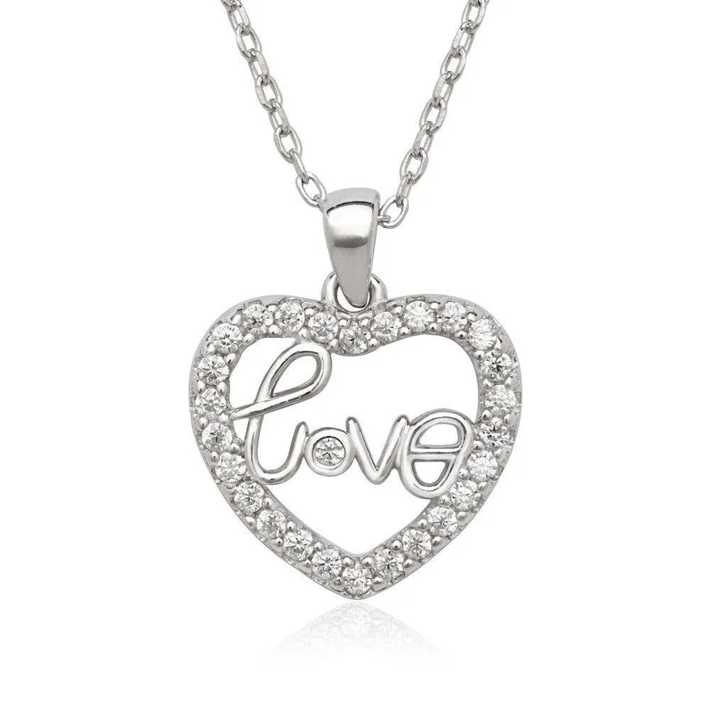 Sterling Silver Open CZ Heart with Love Center Necklace