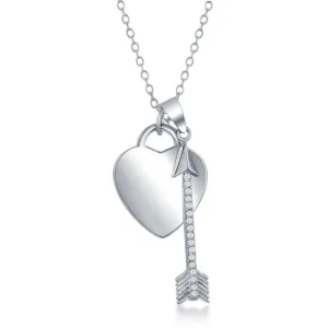 Sterling Silver Shiny Heart with CZ Arrow Necklace
