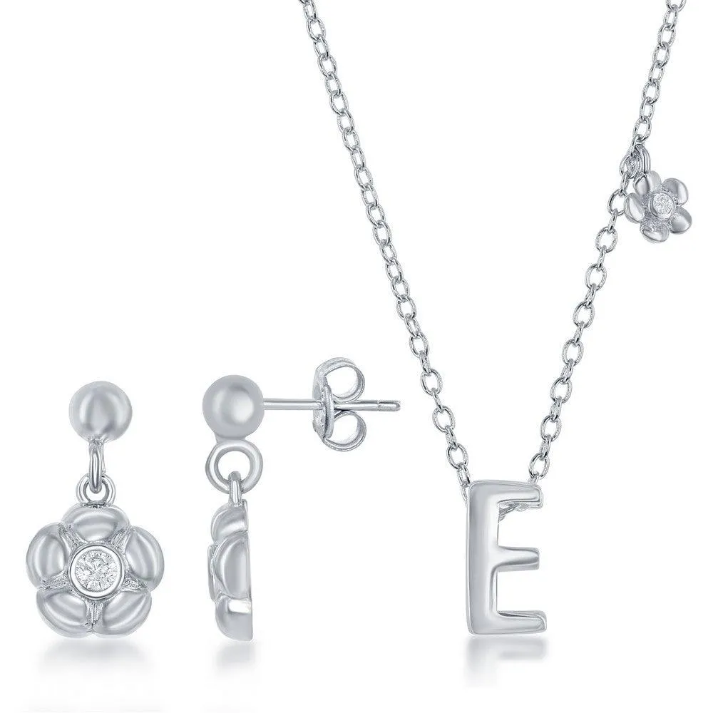 Sterling Silver Shiny "E" Necklace and Earrings Set