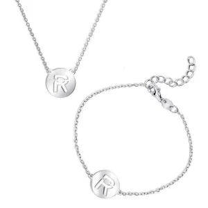 Sterling Silver Shiny 'R' Disc Initial Bracelet and Necklace Set