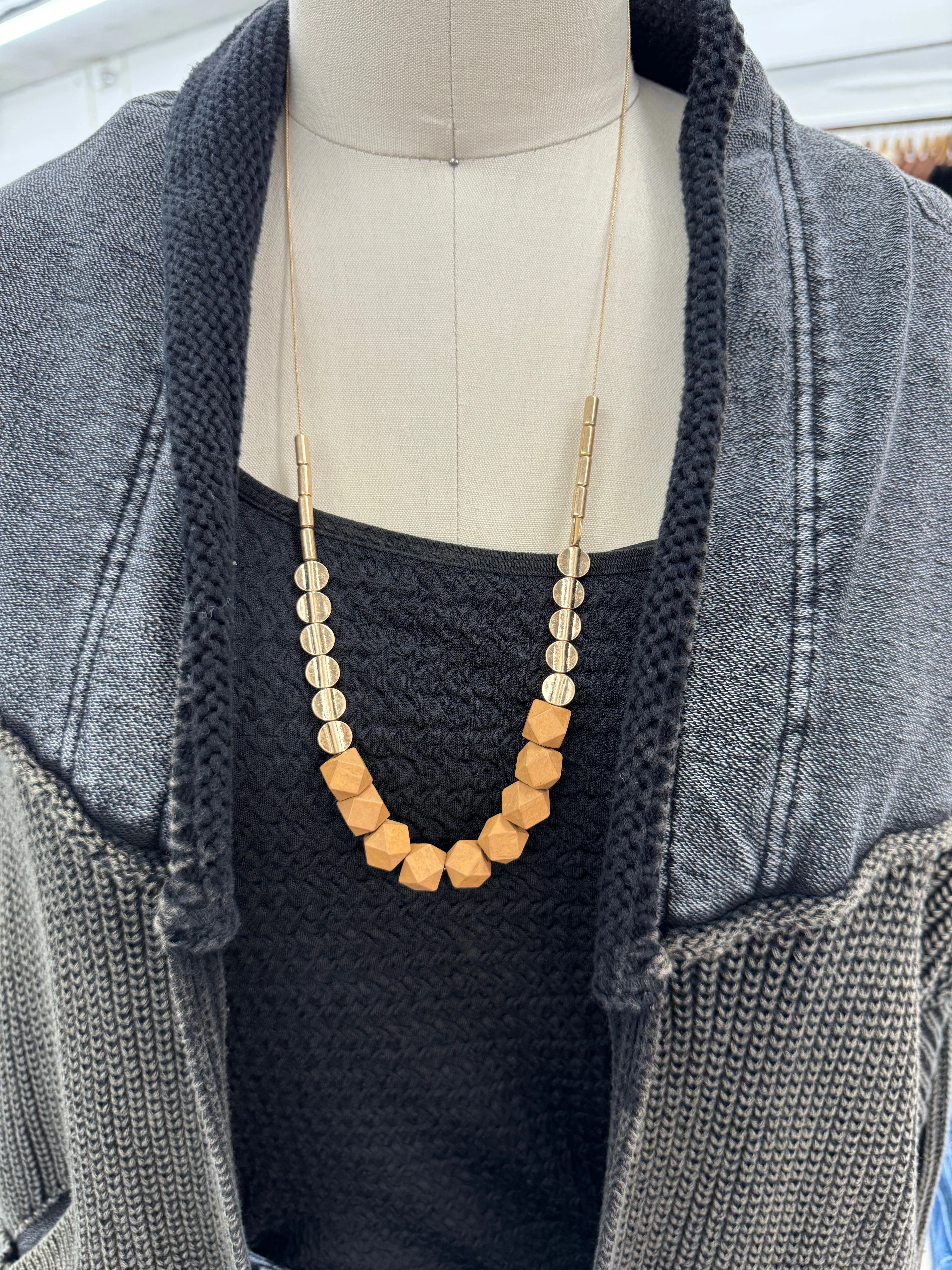 Walnut Block Bead Long Necklace